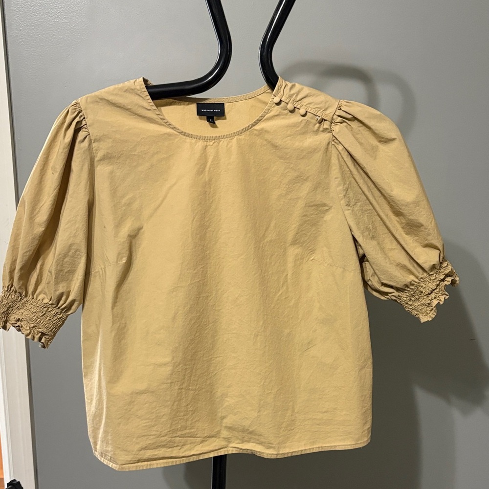 Who What Wear Mustard Puff Sleeve Cotton Blouse